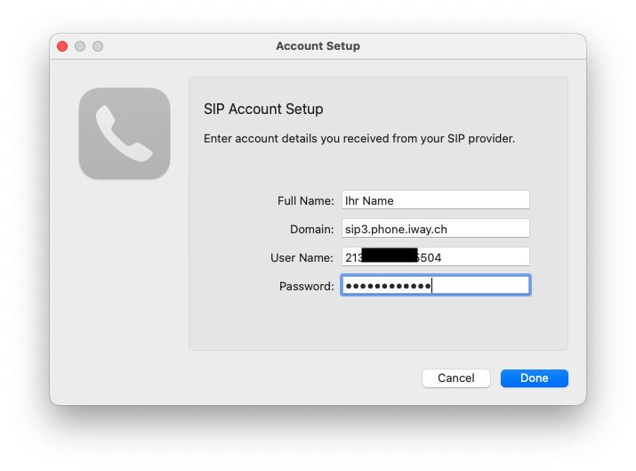 Datei:KB VoIP Telefonie Konfigurationen Softphones & Apps Softphone Telephone fuer macOS von 64 Characters (mit iWay VoIP Home & myKMU)Screenshot 2022-12-21 at 13.26.25.png